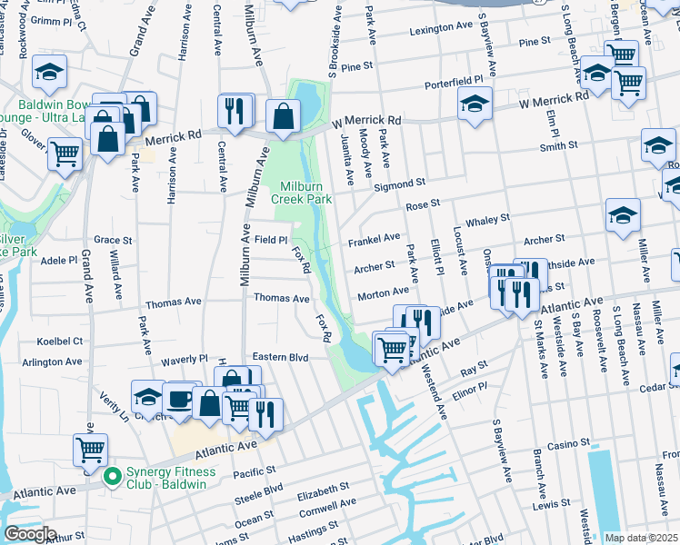 map of restaurants, bars, coffee shops, grocery stores, and more near 68 Morton Avenue in Freeport