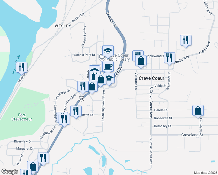 map of restaurants, bars, coffee shops, grocery stores, and more near 124-198 South Highland Street in Creve Coeur