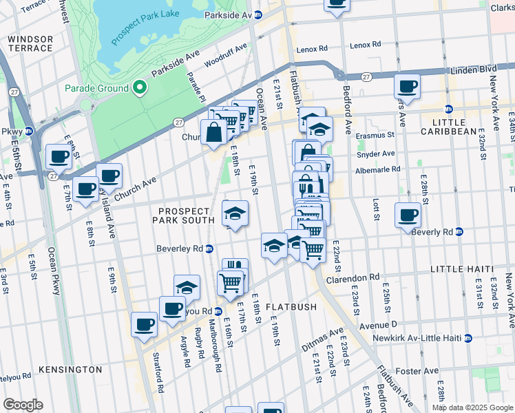 map of restaurants, bars, coffee shops, grocery stores, and more near 130 East 19th Street in Brooklyn