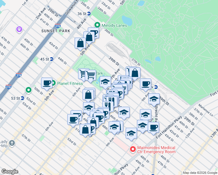map of restaurants, bars, coffee shops, grocery stores, and more near 713 43rd Street in Brooklyn