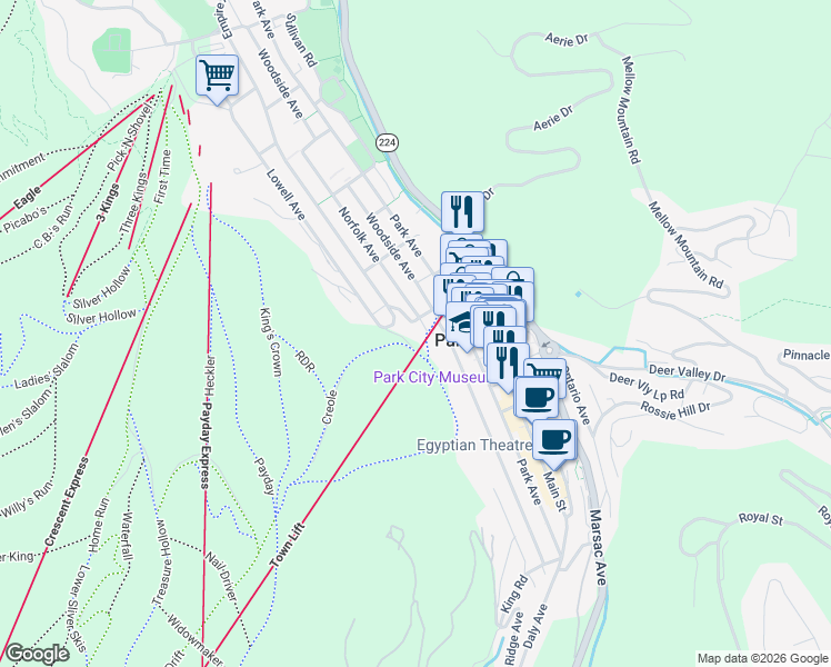 map of restaurants, bars, coffee shops, grocery stores, and more near 805 Woodside Avenue in Park City