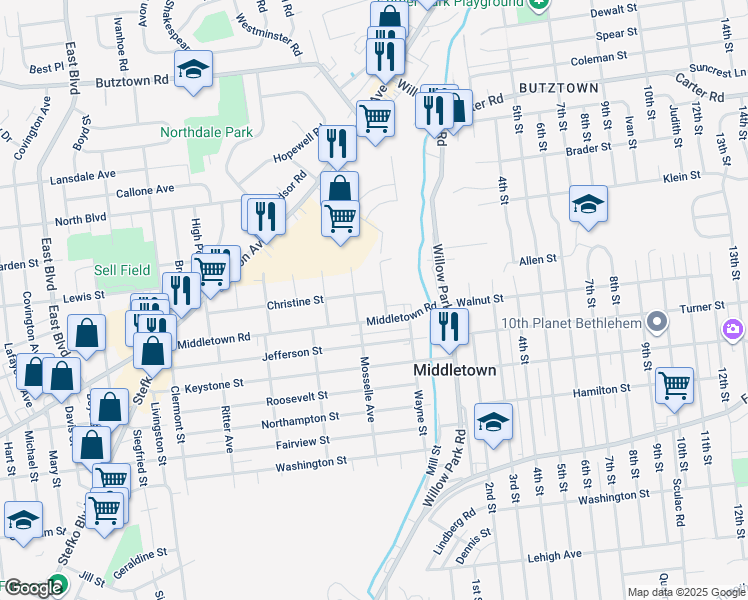map of restaurants, bars, coffee shops, grocery stores, and more near 3122 Christine Street in Bethlehem