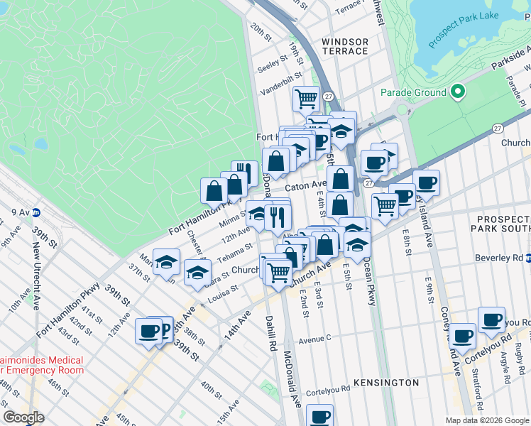 map of restaurants, bars, coffee shops, grocery stores, and more near 202 Caton Avenue in Brooklyn