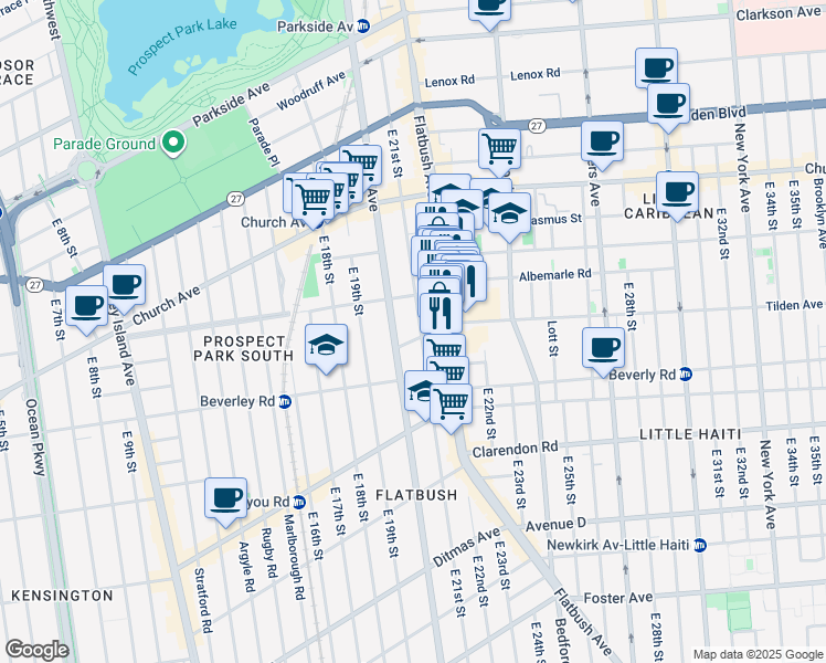 map of restaurants, bars, coffee shops, grocery stores, and more near 305 East 21st Street in Brooklyn