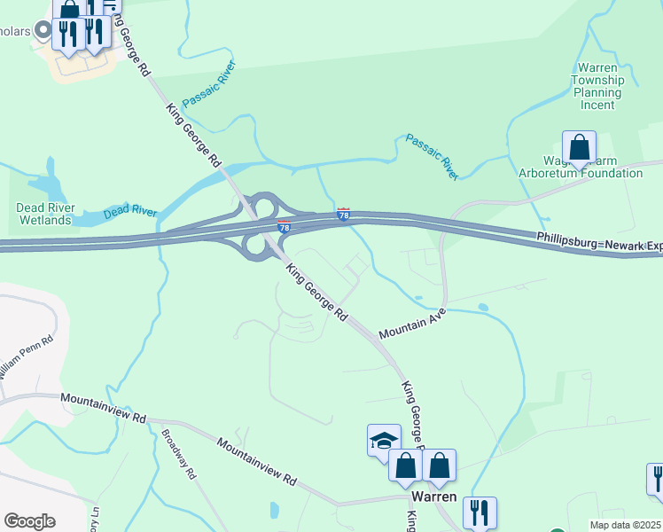 map of restaurants, bars, coffee shops, grocery stores, and more near 294 King George Road in Warren