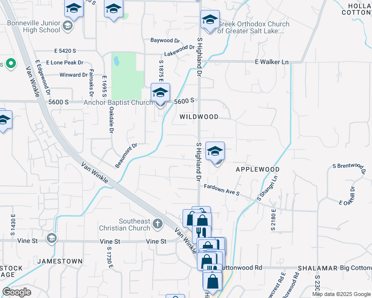 map of restaurants, bars, coffee shops, grocery stores, and more near 1958 Cecelia Circle in Holladay