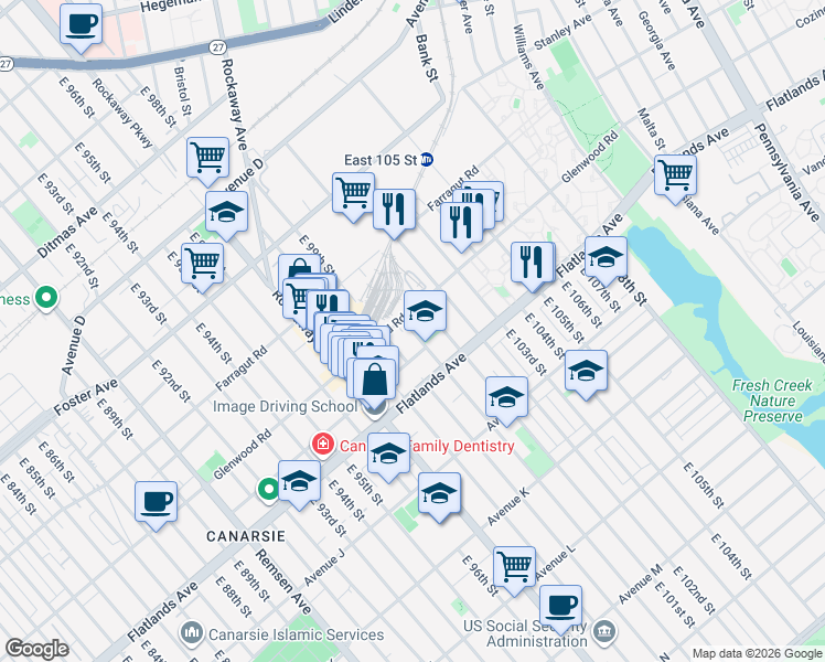 map of restaurants, bars, coffee shops, grocery stores, and more near 707 East 101st Street in Brooklyn