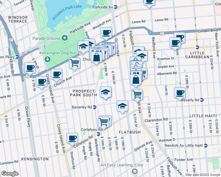 map of restaurants, bars, coffee shops, grocery stores, and more near 199 East 18th Street in Brooklyn