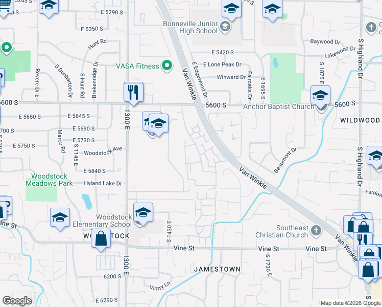 map of restaurants, bars, coffee shops, grocery stores, and more near 1579 Waterbury Way in Murray