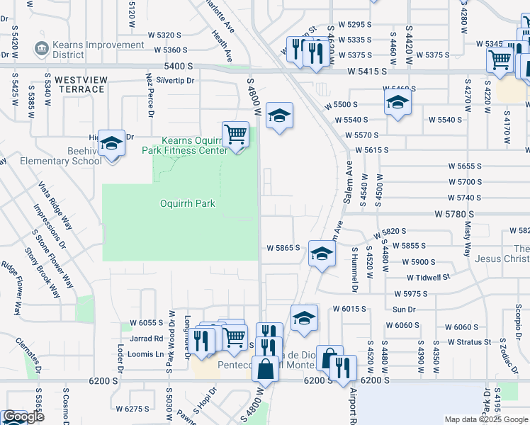 map of restaurants, bars, coffee shops, grocery stores, and more near 5739 Cougar Lane in Kearns