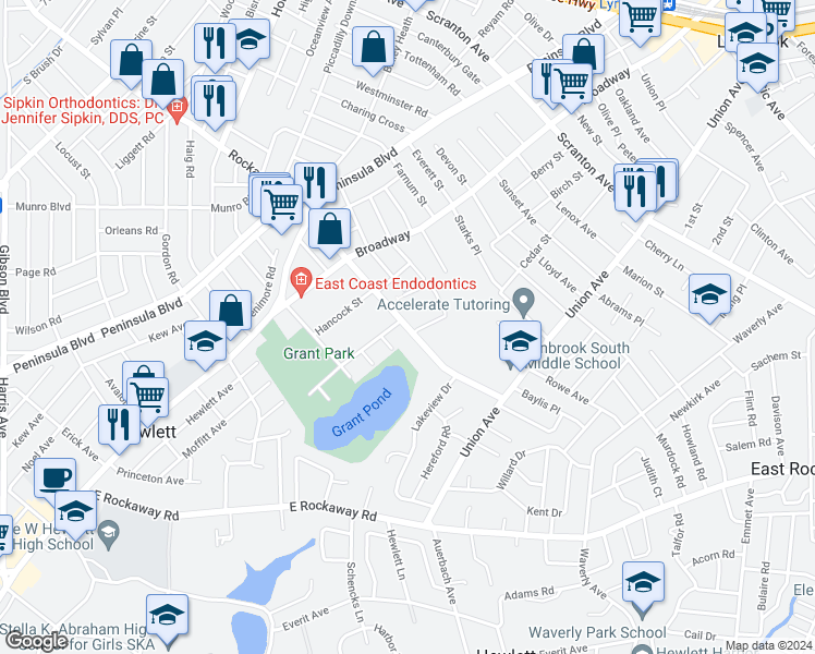 map of restaurants, bars, coffee shops, grocery stores, and more near 72 Prospect Avenue in Hewlett
