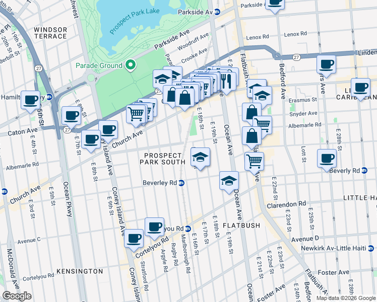 map of restaurants, bars, coffee shops, grocery stores, and more near 1701 Albemarle Road in Brooklyn