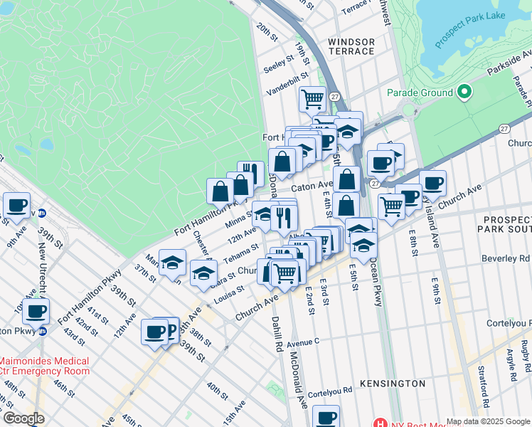 map of restaurants, bars, coffee shops, grocery stores, and more near 3301 Fort Hamilton Parkway in Brooklyn