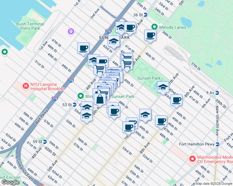 map of restaurants, bars, coffee shops, grocery stores, and more near 4621 5th Avenue in Brooklyn