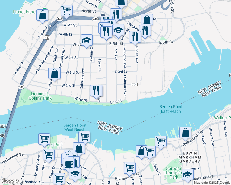 map of restaurants, bars, coffee shops, grocery stores, and more near 43 Lord Avenue in Bayonne