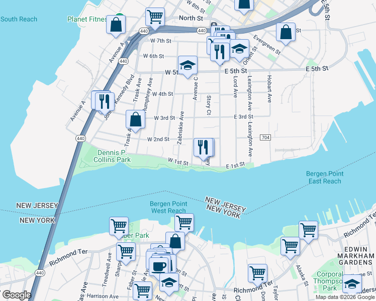 map of restaurants, bars, coffee shops, grocery stores, and more near 59 West 2nd Street in Bayonne