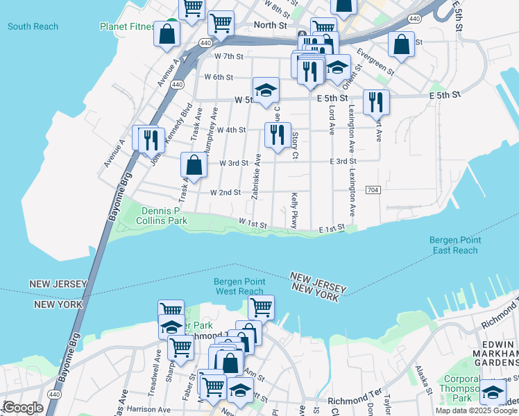 map of restaurants, bars, coffee shops, grocery stores, and more near 59 West 2nd Street in Bayonne
