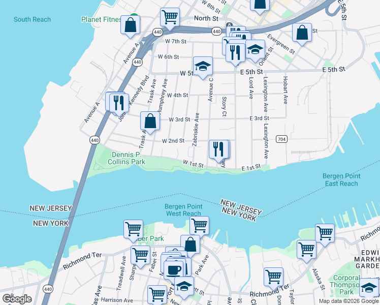 map of restaurants, bars, coffee shops, grocery stores, and more near 59 West 2nd Street in Bayonne