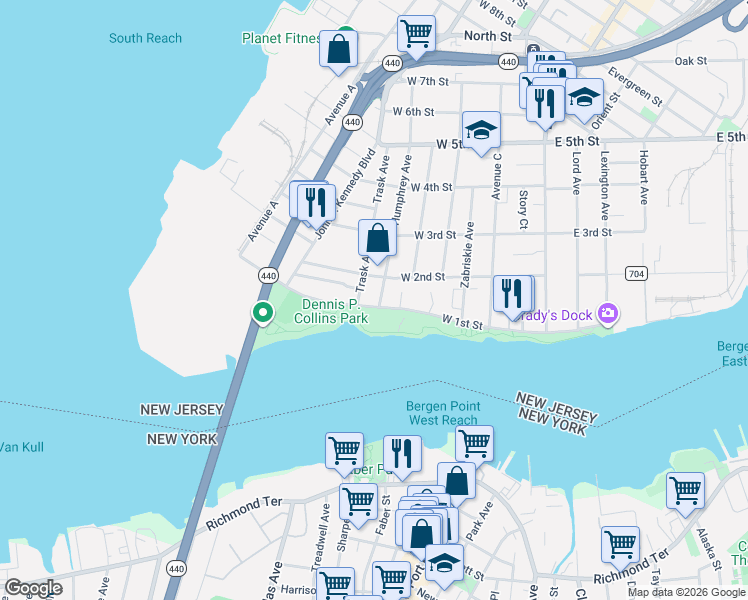 map of restaurants, bars, coffee shops, grocery stores, and more near 134 West 2nd Street in Bayonne