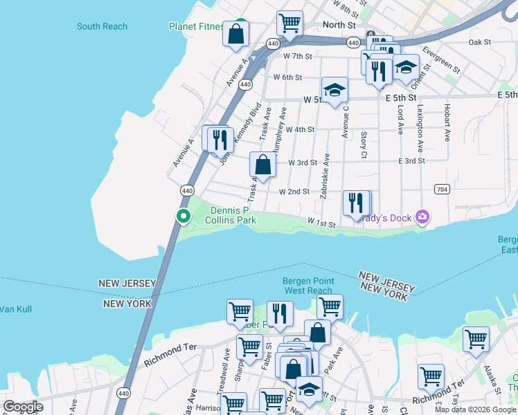 map of restaurants, bars, coffee shops, grocery stores, and more near 136 West 2nd Street in Bayonne