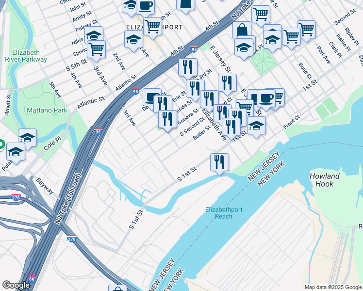 map of restaurants, bars, coffee shops, grocery stores, and more near 52 South Second Street in Elizabeth