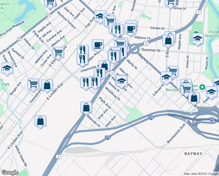 map of restaurants, bars, coffee shops, grocery stores, and more near 621 Dennis Place in Linden