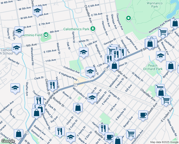 map of restaurants, bars, coffee shops, grocery stores, and more near 1130 Warren Street in Roselle