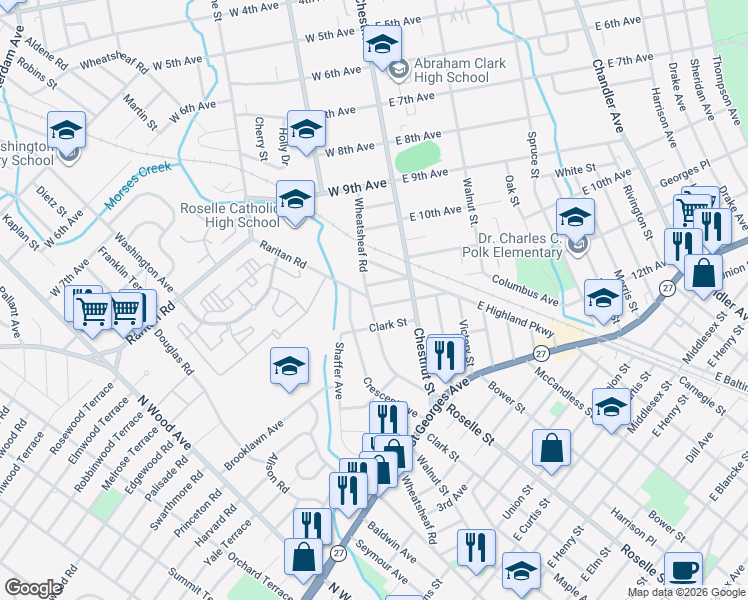 map of restaurants, bars, coffee shops, grocery stores, and more near 128 Dennis Street in Roselle