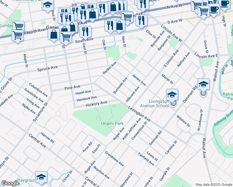 map of restaurants, bars, coffee shops, grocery stores, and more near 128 Burnside Avenue in Cranford