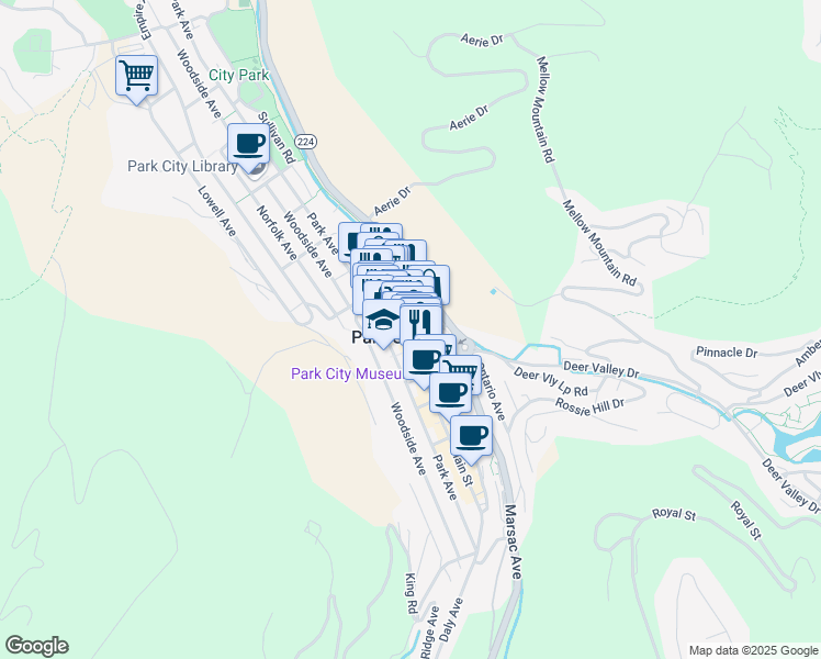 map of restaurants, bars, coffee shops, grocery stores, and more near Heber Avenue in Park City