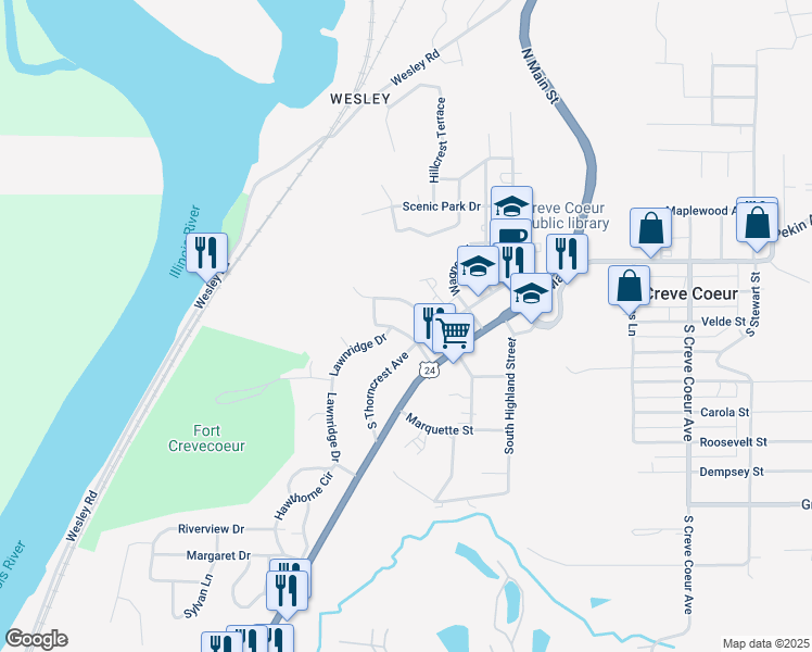 map of restaurants, bars, coffee shops, grocery stores, and more near 236 Park Road in Creve Coeur