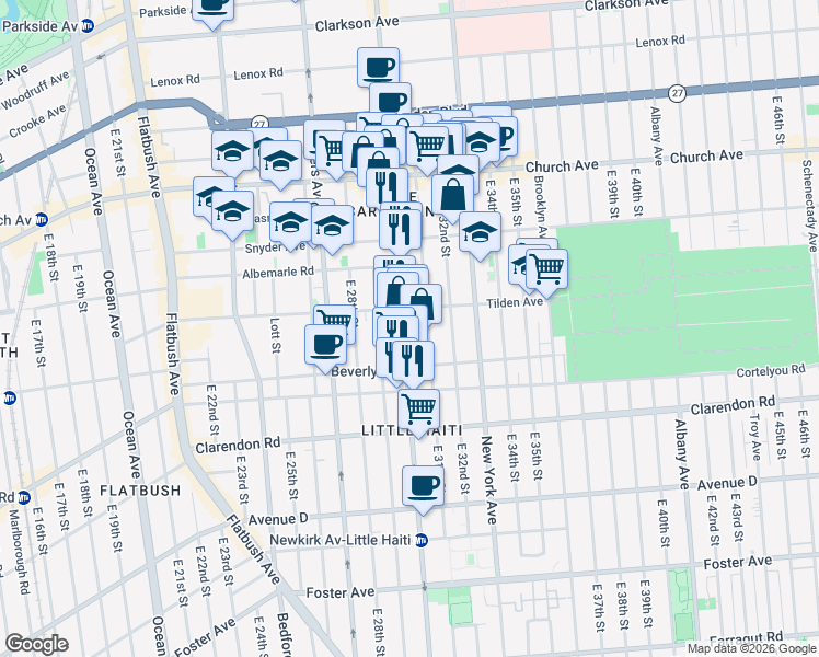 map of restaurants, bars, coffee shops, grocery stores, and more near 1631 Nostrand Avenue in Brooklyn