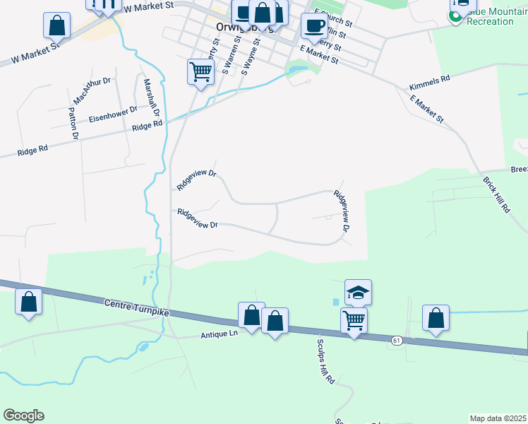 map of restaurants, bars, coffee shops, grocery stores, and more near Ridgeview Drive in Orwigsburg