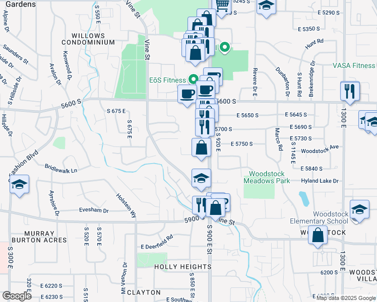 map of restaurants, bars, coffee shops, grocery stores, and more near 5750 South 900 East in Murray