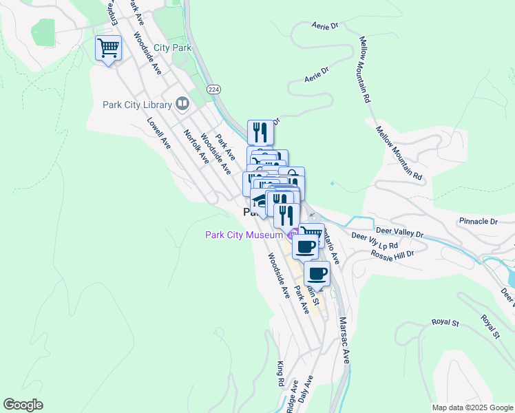 map of restaurants, bars, coffee shops, grocery stores, and more near 695 Park Avenue in Park City