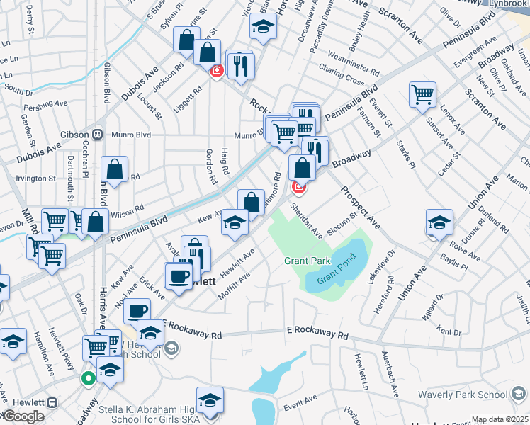 map of restaurants, bars, coffee shops, grocery stores, and more near 29 Berwick Road in Hewlett