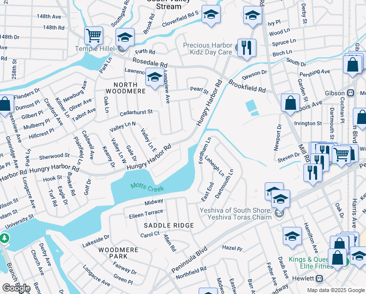 map of restaurants, bars, coffee shops, grocery stores, and more near 342 Hungry Harbor Road in Valley Stream