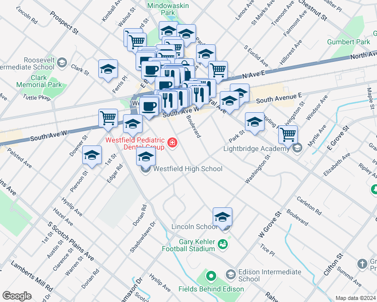 map of restaurants, bars, coffee shops, grocery stores, and more near 535 Summit Avenue in Westfield
