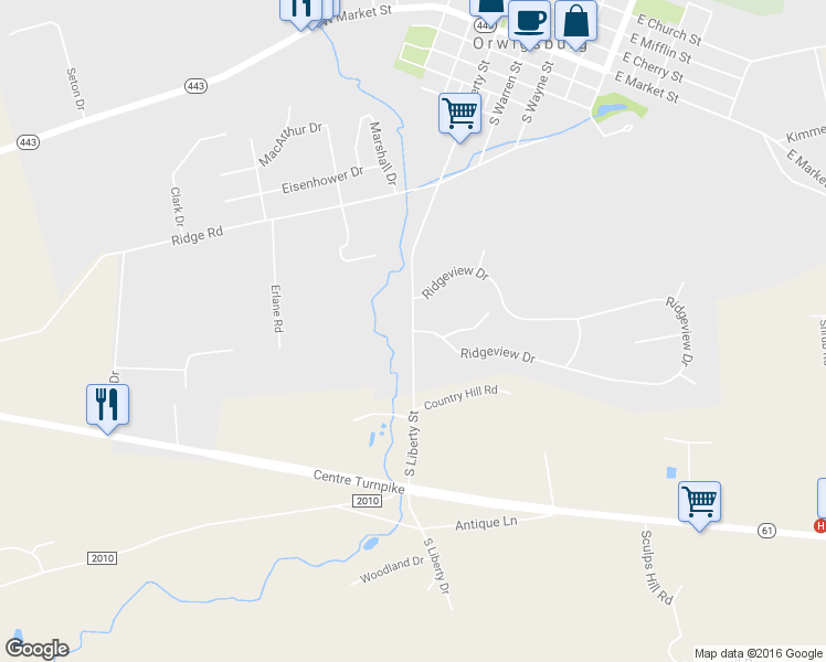 map of restaurants, bars, coffee shops, grocery stores, and more near Ridgeview Drive in Orwigsburg