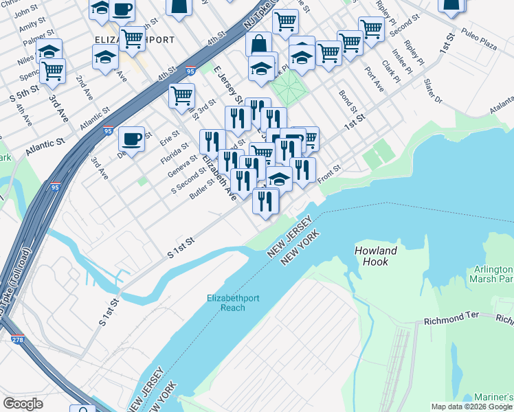 map of restaurants, bars, coffee shops, grocery stores, and more near 47 Marshall Street in Elizabeth
