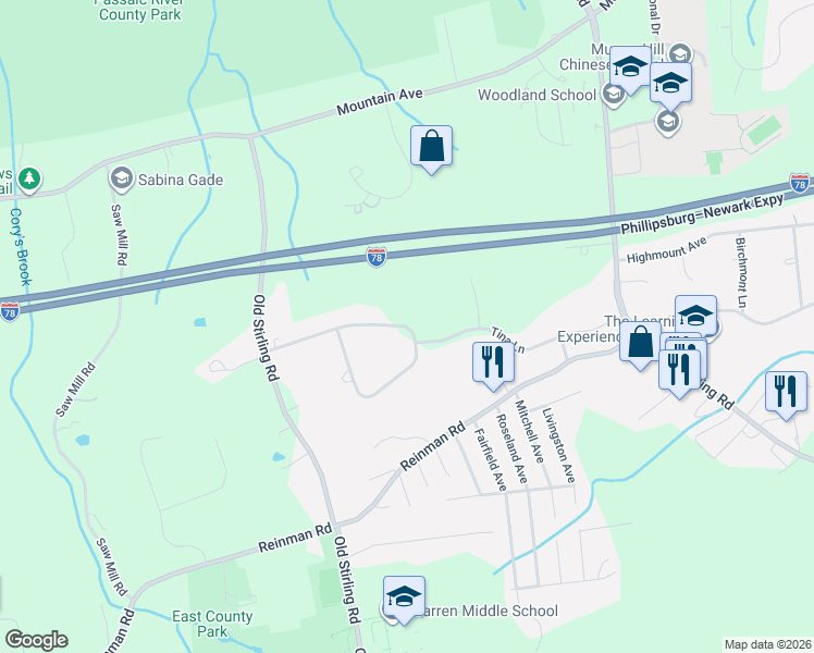 map of restaurants, bars, coffee shops, grocery stores, and more near 17 Sandalwood Drive in Warren