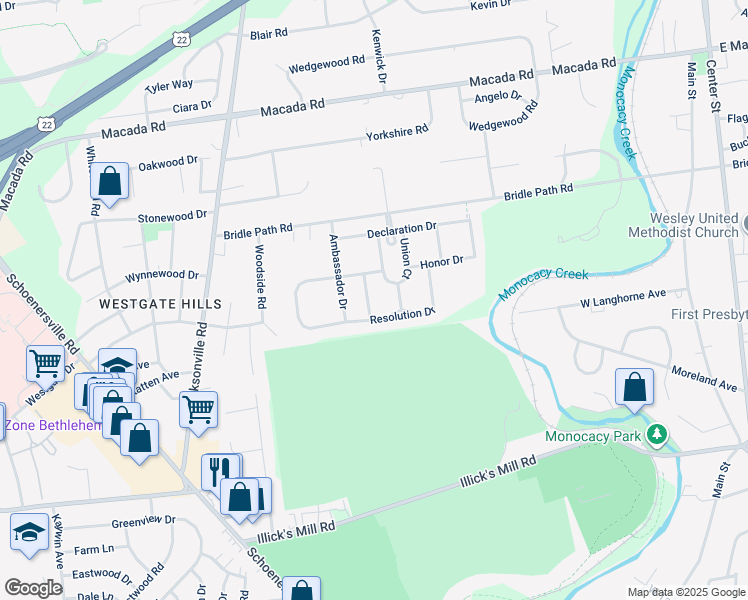 map of restaurants, bars, coffee shops, grocery stores, and more near 2602 Victory Way in Bethlehem