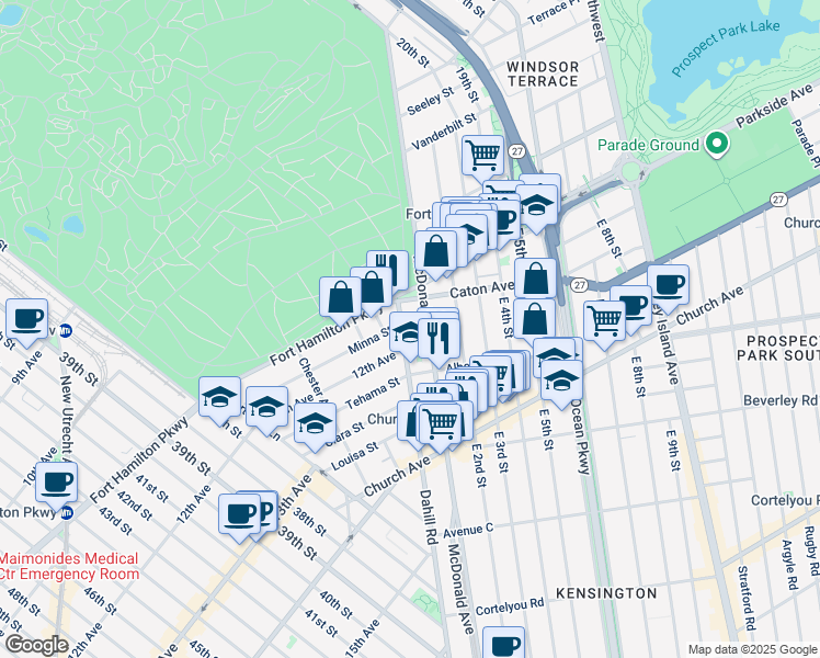 map of restaurants, bars, coffee shops, grocery stores, and more near 39 Dahill Road in Brooklyn