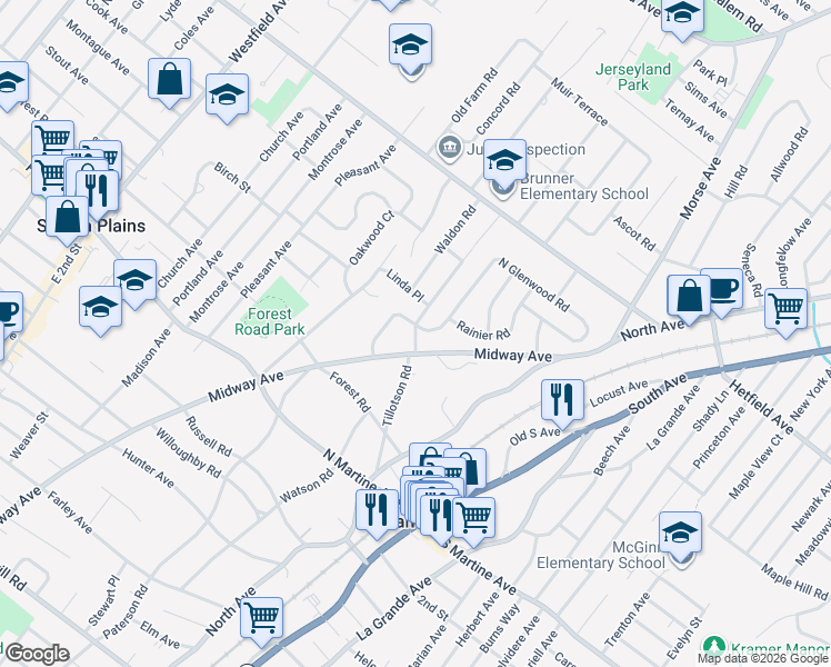 map of restaurants, bars, coffee shops, grocery stores, and more near 142 Tillotson Road in Fanwood
