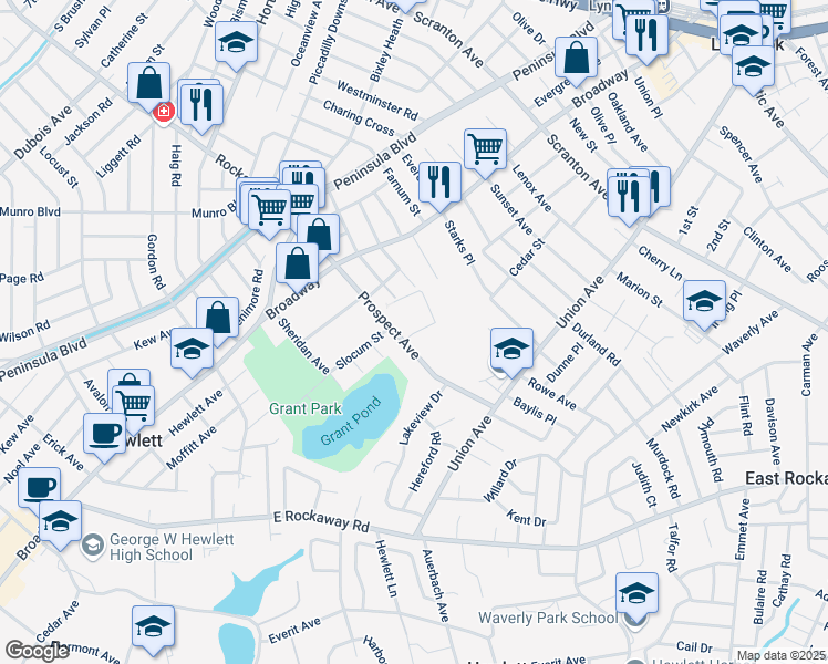 map of restaurants, bars, coffee shops, grocery stores, and more near 69 Prospect Avenue in Hewlett
