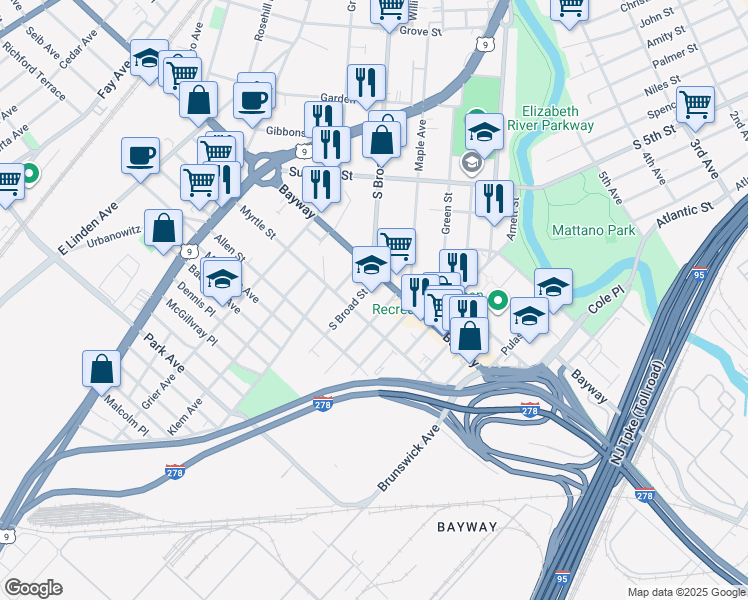 map of restaurants, bars, coffee shops, grocery stores, and more near 644-662 Bayway in Elizabeth