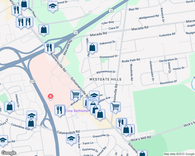 map of restaurants, bars, coffee shops, grocery stores, and more near 1424 Roselawn Drive in Bethlehem