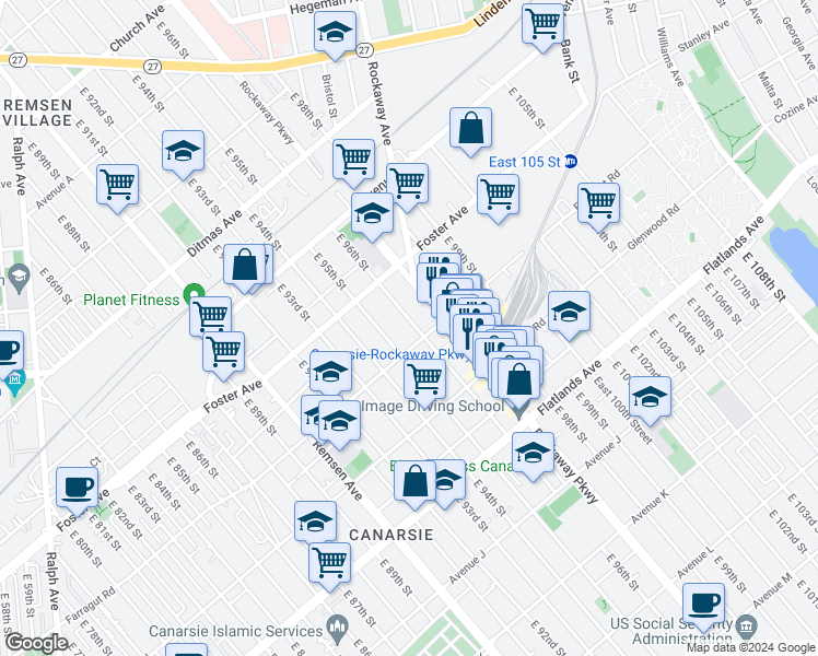 map of restaurants, bars, coffee shops, grocery stores, and more near 990 East 96th Street in Brooklyn