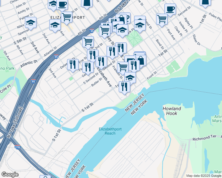map of restaurants, bars, coffee shops, grocery stores, and more near 23 South 1st Street in Elizabeth