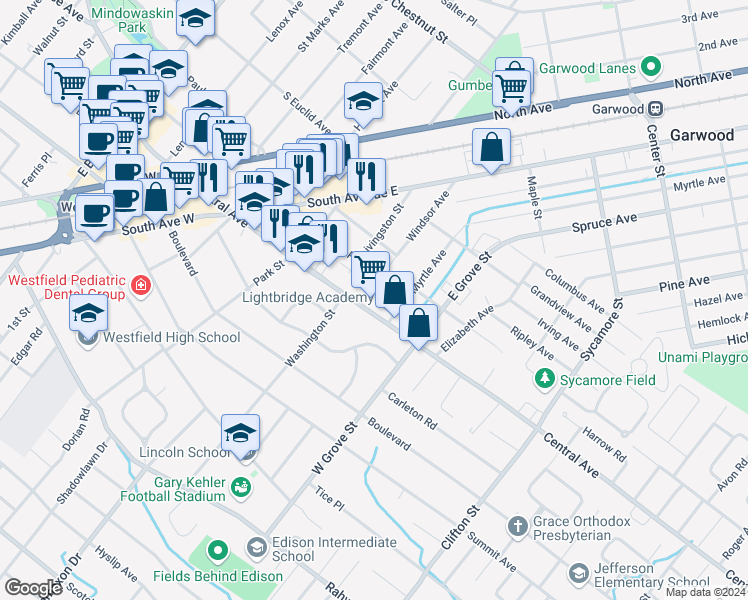 map of restaurants, bars, coffee shops, grocery stores, and more near 112 Windsor Avenue in Westfield